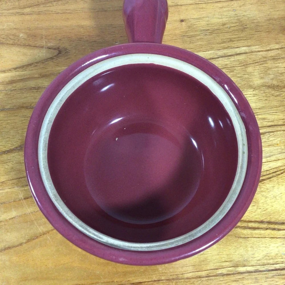 Vintage Bauer Ringware Cranberry Ceramic Soup Chowder Chili Handled Crock Bowl - Picture 7 of 9